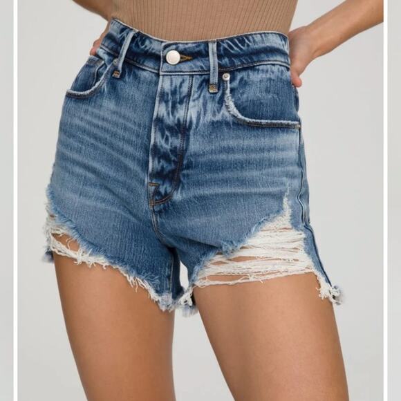 GOOD AMERICAN $119 BOMBSHELL Denim Distressed SHORTS Blue (153) sz 2/26 - Picture 5 of 14